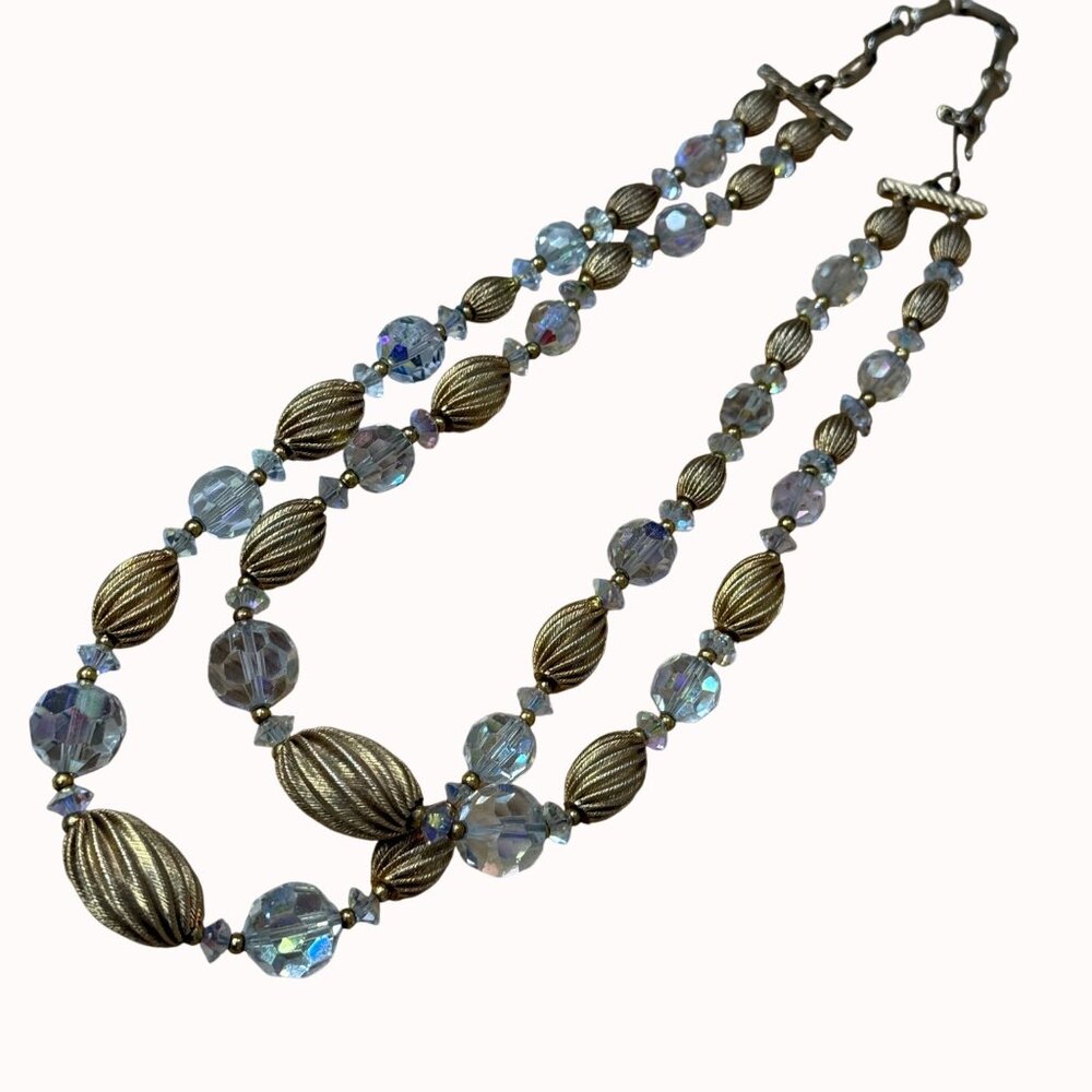 Lisner Vintage Gold-Toned Beaded Crystal Glass AB Double-Strand Necklace